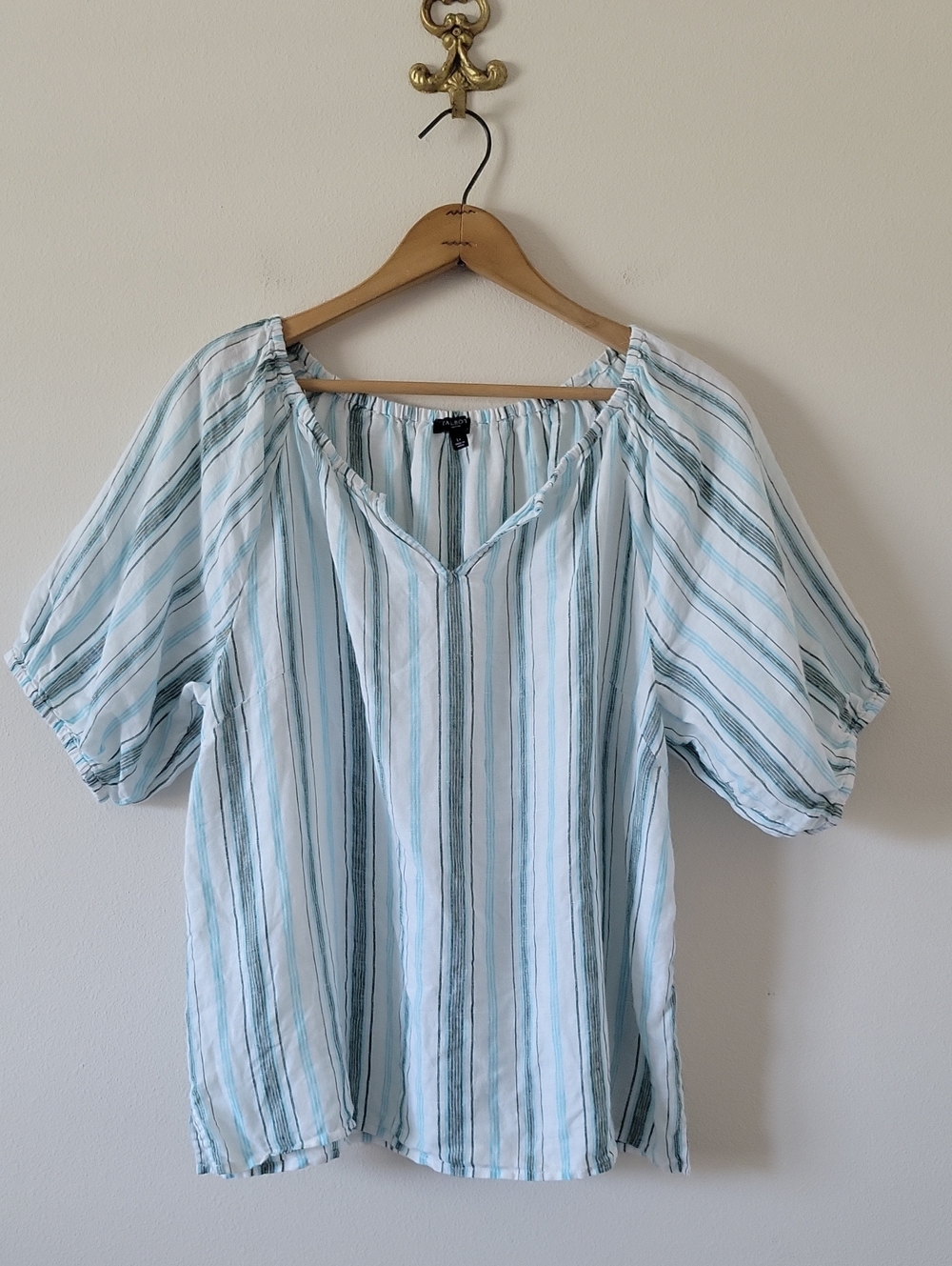 Talbots White Blue Striped Linen Puff Sleeve Blouse Size Large Petite LP